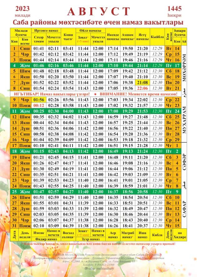 Саба мәхәлләсе өчен август аена намаз вакытлары