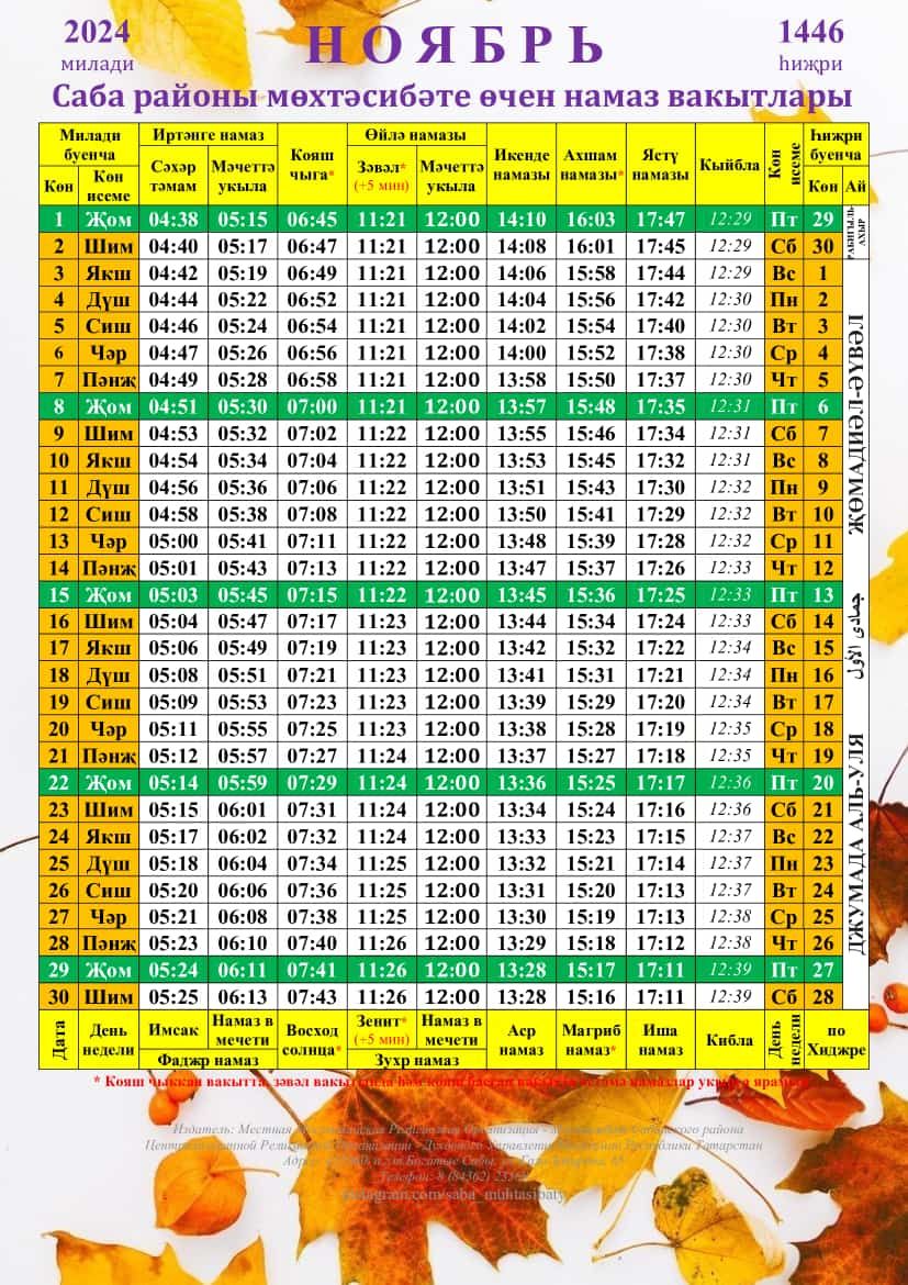 Саба районы мөхтәсибәтенең ноябрь аена намаз вакытлары